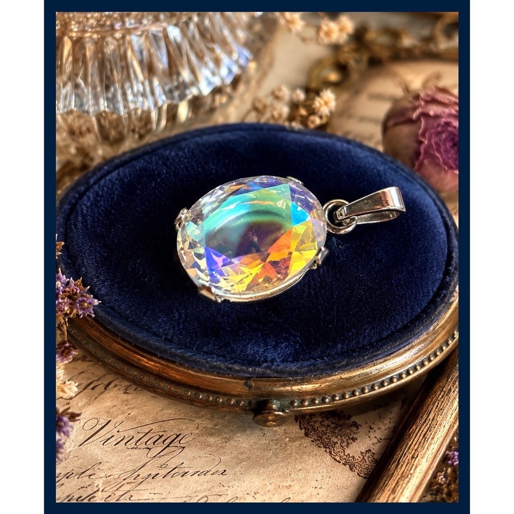 Vintage Aurora Borealis Crystal Pendant | Faceted Rainbow Charm | Estate Jewelry